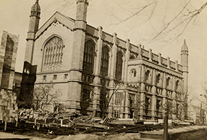 A sepia-toned photo of a Gothic building, Stuart Hall.