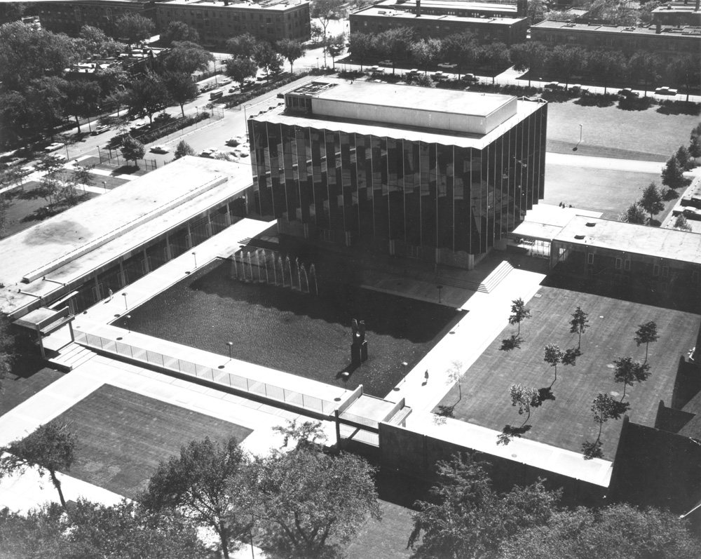 An aerial view of the Law School building.