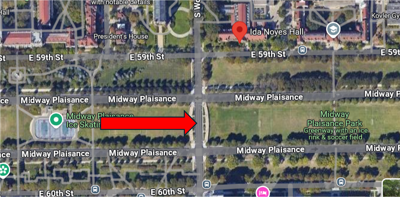 A red arrow points to the midway point of the Midway on a screenshot of Google Maps.