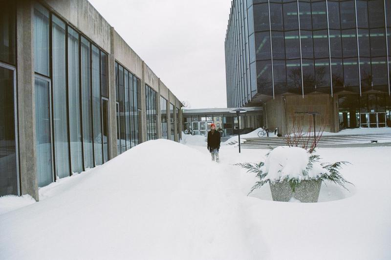 Joao Fernandes '12 at the snow-covered Law School. 