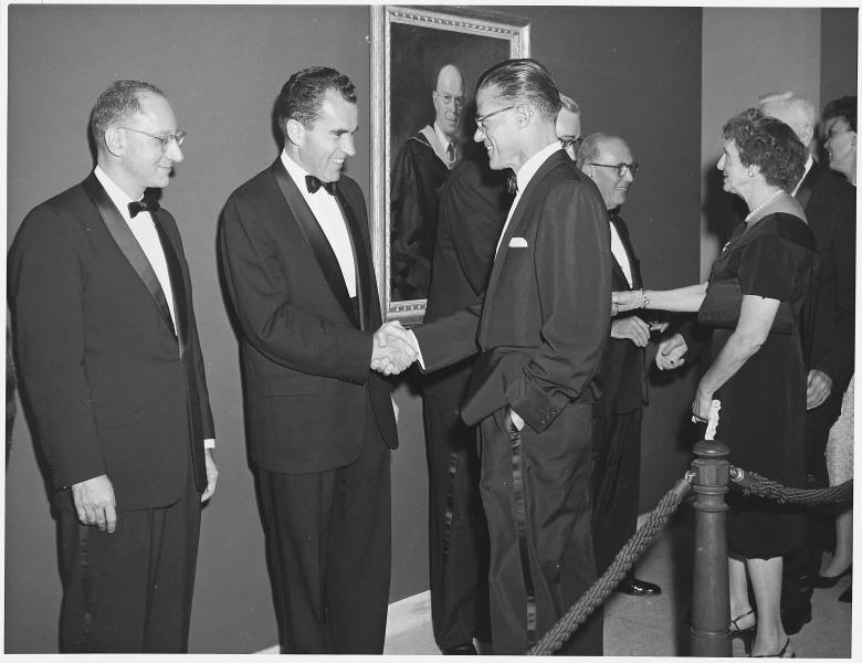 Vice President Richard M. Nixon, Law School Dean Edward H. Levi, and Chicago attorney Albert E. Jenner, Jr. of Jenner & Block at the dedication of the new, Eero Saarinen-designed Law School building in 1959.