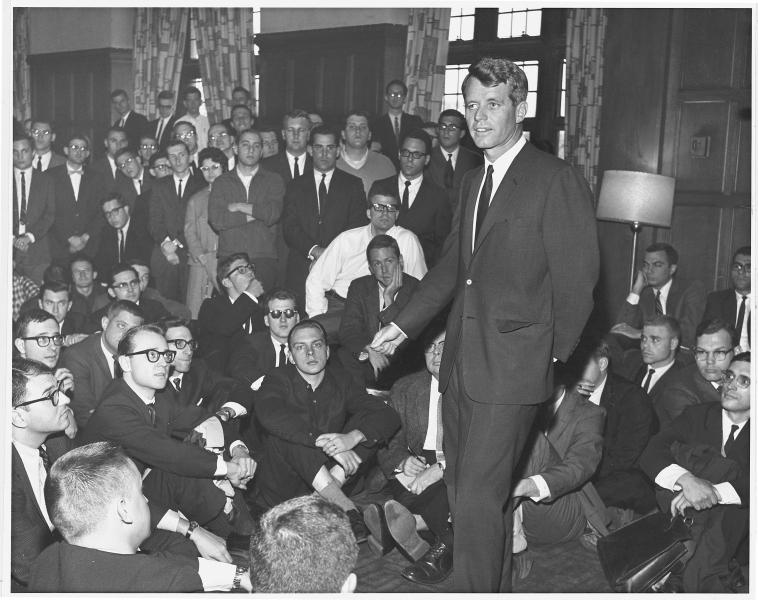 Robert F. Kennedy speaks to students during a 1964 visit to the Law School. He was elected to the US Senate that same year.