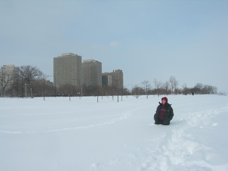 Erin Whalen '13 waist deep in the aftermath. (We love that you're wearing your Law School sweatshirt, Erin, but please zipper your jacket!)