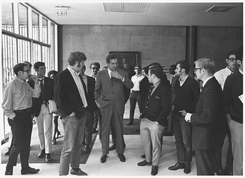 US Senator Edmund Muskie speaks to students during a 1969 visit to the Law School.