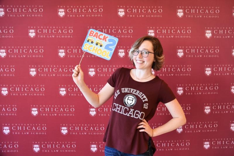 Students had fun posing for "back to school" pictures in a photo booth on the first day of JD orientation.