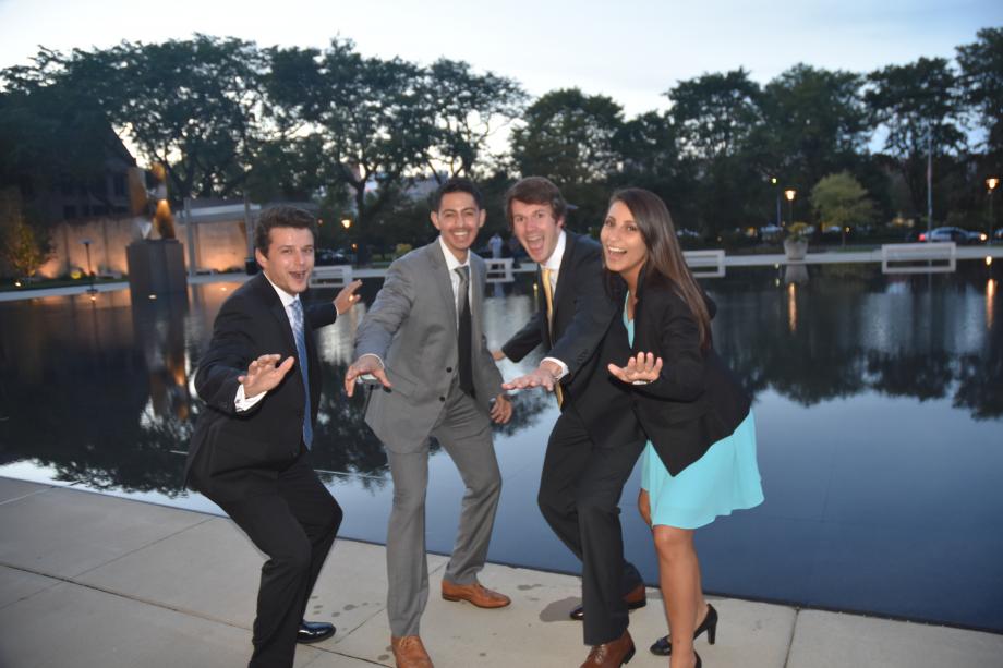 Michael Galdes, Makar Gevorkian, Harrison Scheer, and Gabi Libin, all '18, kicked off their Law School experience posing by the Levin Reflecting Pool at the Entering Students Dinner in September 2015.