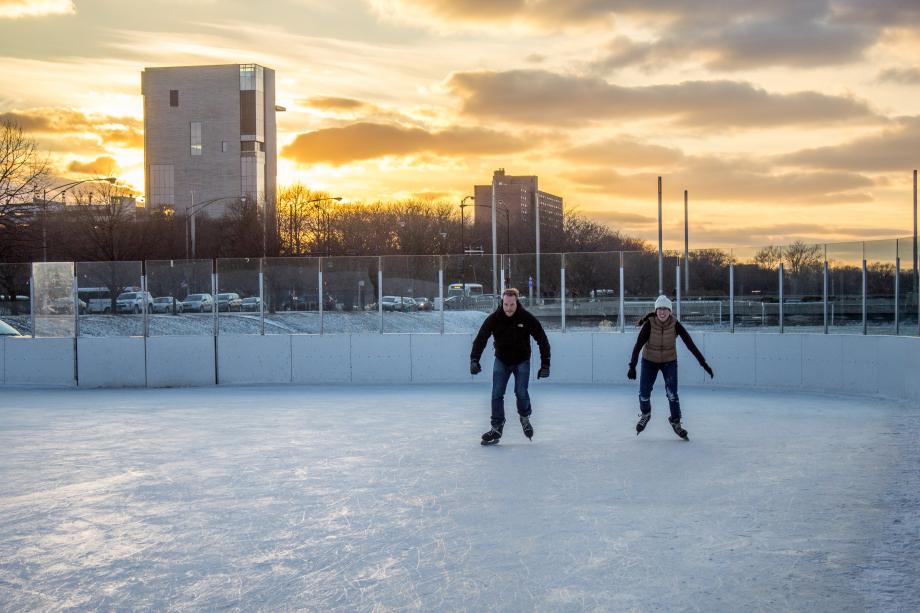 Winter brought opportunities for outdoor fun, too. Tom Molloy and Jandi Heagen, both '18, ice skated on the Midway. 