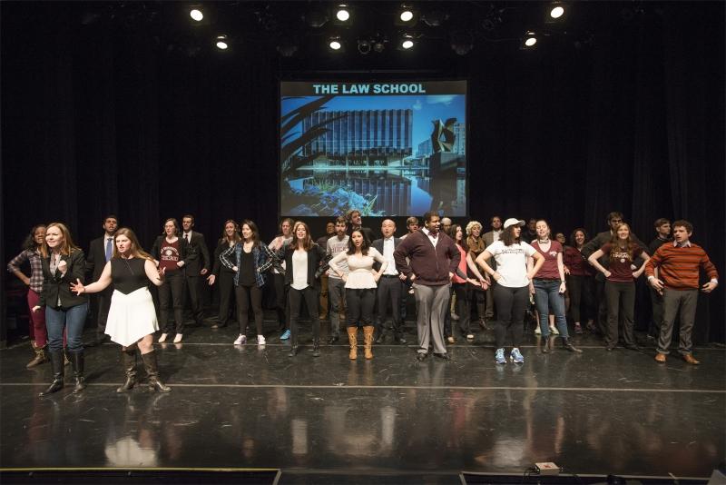 Students performing the opening number in their annual musical, this year titled "Amy Gardner's Day Off." The original piece follows the fictional election of a Law School Dean as Dean of Students Amy Gardner takes a day off.