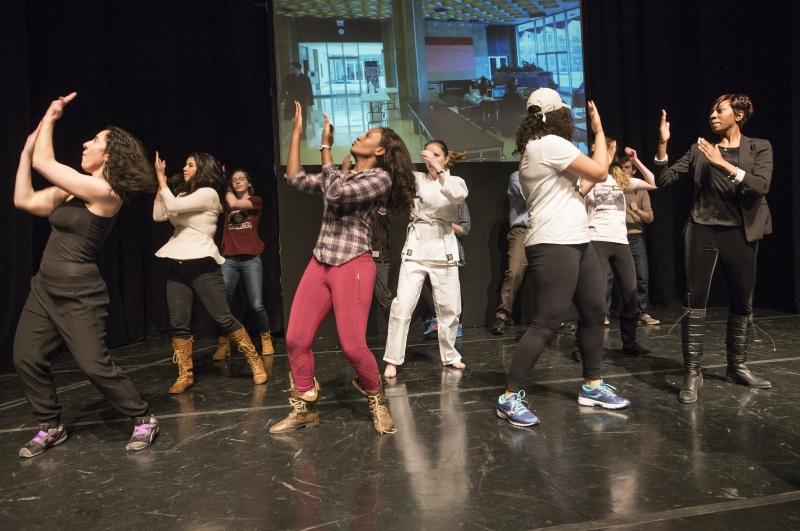 Students rehearse "Good Citations," a dance choreographerd by Ruby Garrett, '16.