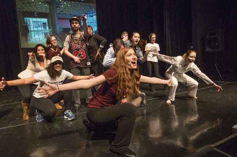 Students perform "Shut Up and Vote Strahi," a number in which students discuss how to convince Professor Lior Strahilevitz to run for dean.