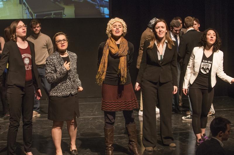 In this scene, students playing Professors Emily Buss, Martha Nussbaum, Lee Fennell, and Genevieve Lakier sing about ambition.