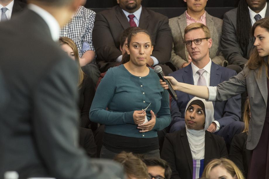 President Barack Obama visited the Law School in April 2016. After a discussion with Professor David Strauss, Obama took questions from students. Amelia Garza-Mattia, ’18, asked about efforts to address mass incarceration.