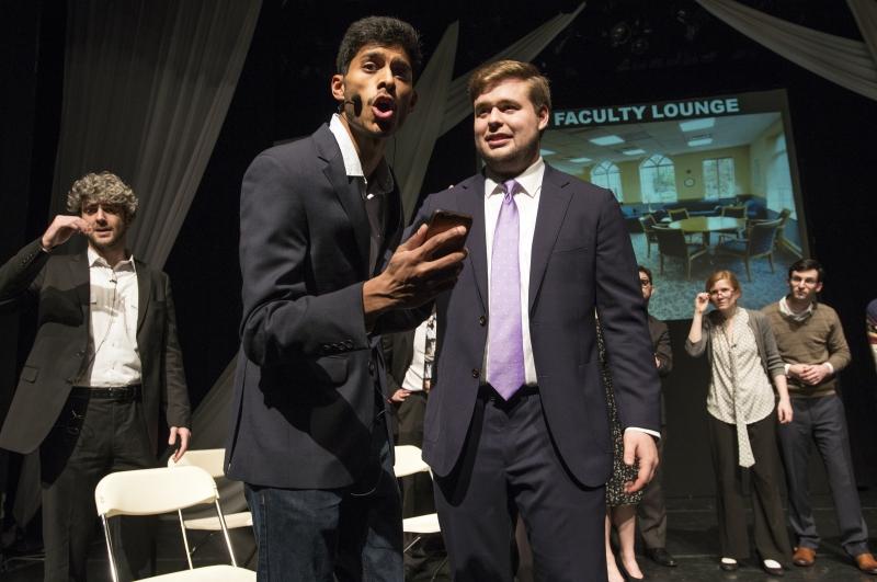 The plot of the Scooby-Doo-themed musical centered on the mysterious disappearance of various professors, students, and senior administrators. In this scene, Rahul Srinivas, '19, (left), as Deputy Dean Daniel Abebe, and Sean Planchard, '18, as Dean Thomas J. Miles, ponder the disappearance of professors. 