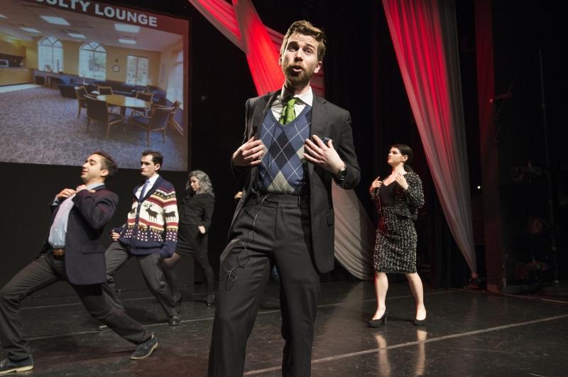Matt Klomparens, '17, as Professor Nick Stephanopoulos, during the fashion "walk off." Matt Klomparens, '17, as Professor Nick Stephanopoulos, during the fashion "walk off."