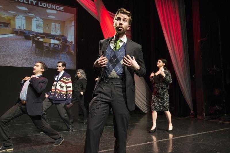 Matt Klomparens, '17, as Professor Nick Stephanopoulos, during the fashion "walk off."