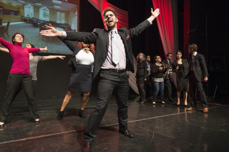 Josh Davids, '18, as Professor John Rappaport, during a fashion "walk off" with a student portraying Professor Nick Stephanopoulos.