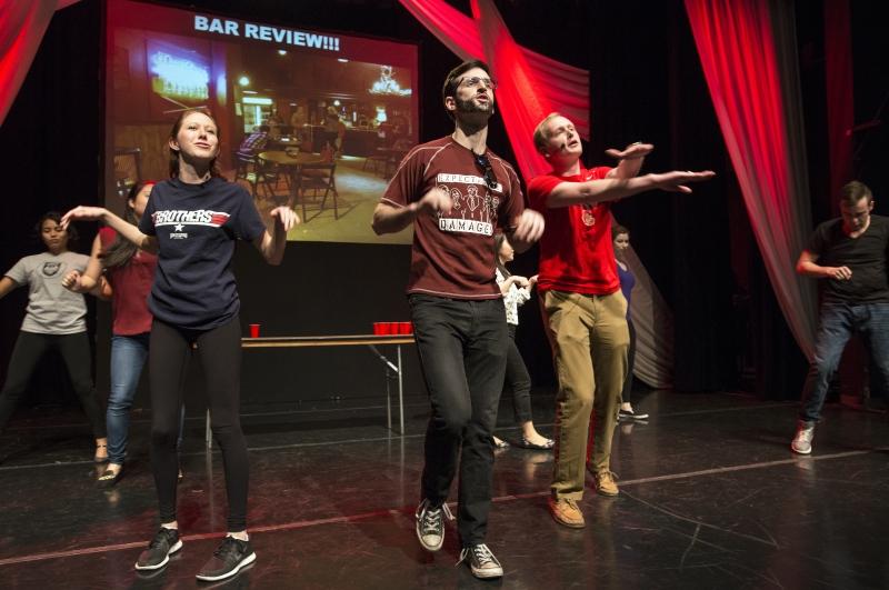 Rachel Kubasak, '19; Joe Wenner, '17; and Mitch Athey, '17, singing about Bar Review to the tune of "The Bad Touch."