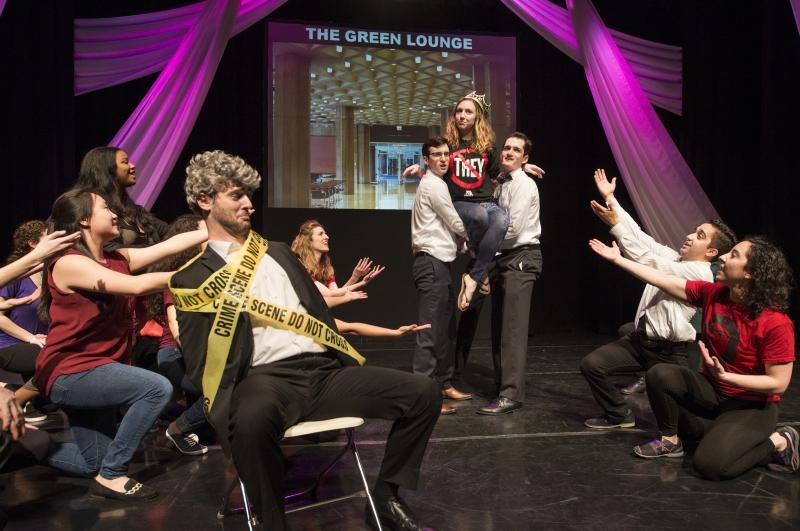 Joe Egozi, '17, as Professor Geoffrey R. Stone, and the cast singing about the Law Students Association to the tune of "Fight Song."