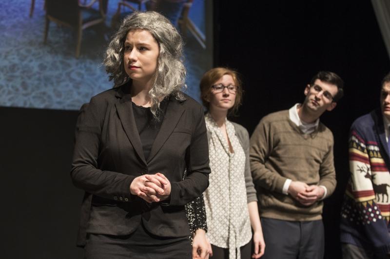 Elizabeth Cooper, '19, as Professor Emily Buss, searching for missing professors. Elizabeth Cooper, '19, as Professor Emily Buss, searching for missing professors.
