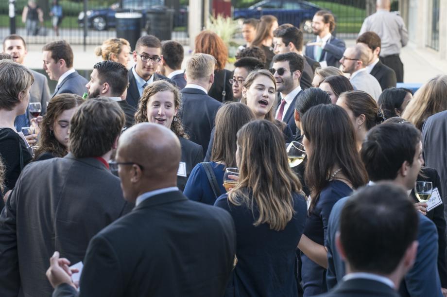 New law students attended the Entering Students' Dinner, which began with cocktails by the Levin Reflecting Pool.