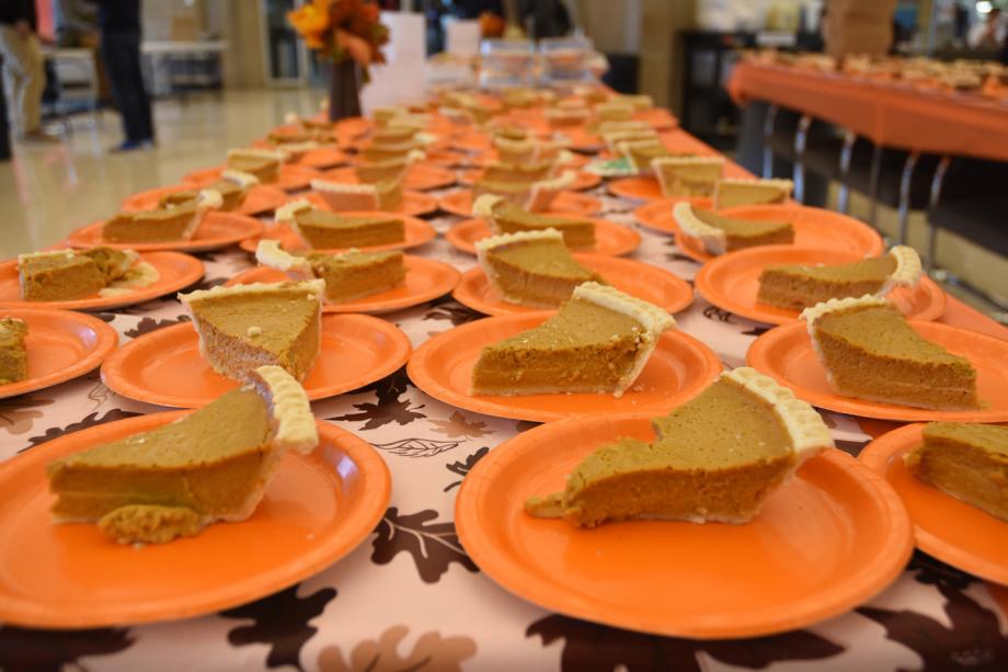 Slices of pumpkin pie were served, along with apple, pecan, and French silk.