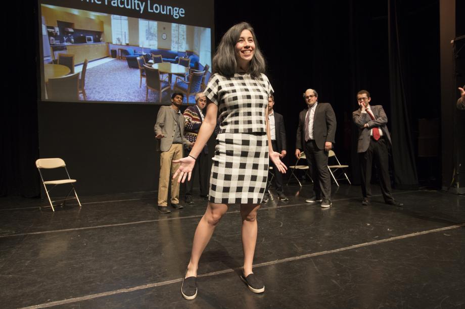 Zoe Kam, '18, as Professor Emily Buss, participates in a song battle with the male professors.