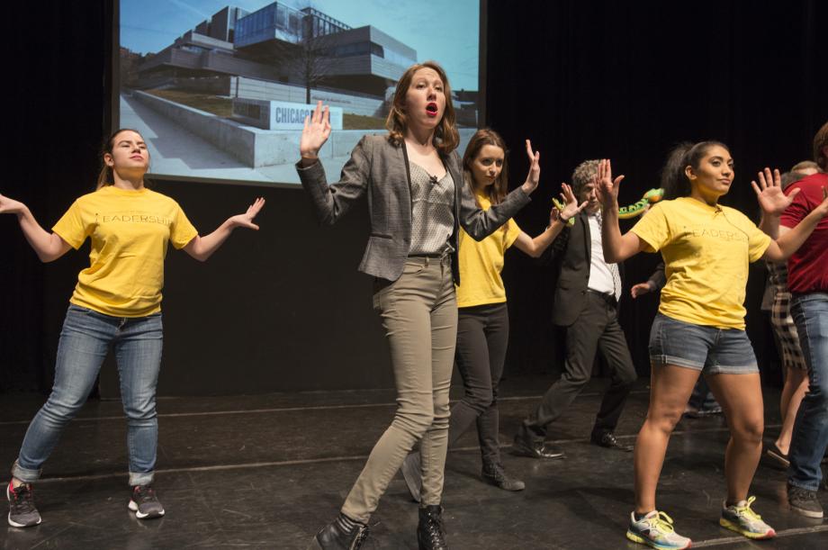 Rachel Kubasak, '19, as Assistant Director of Student Affairs Candace Bergeron, dances to a parody of Britney Spears' "Toxic," titled, "Kapnick."Rachel Kubasak, '19, dressed as Assistant Director of Student Affairs Candace Bergeron, dances to a parody of Britney Spears' "Toxic" that is titled "Kapnick."