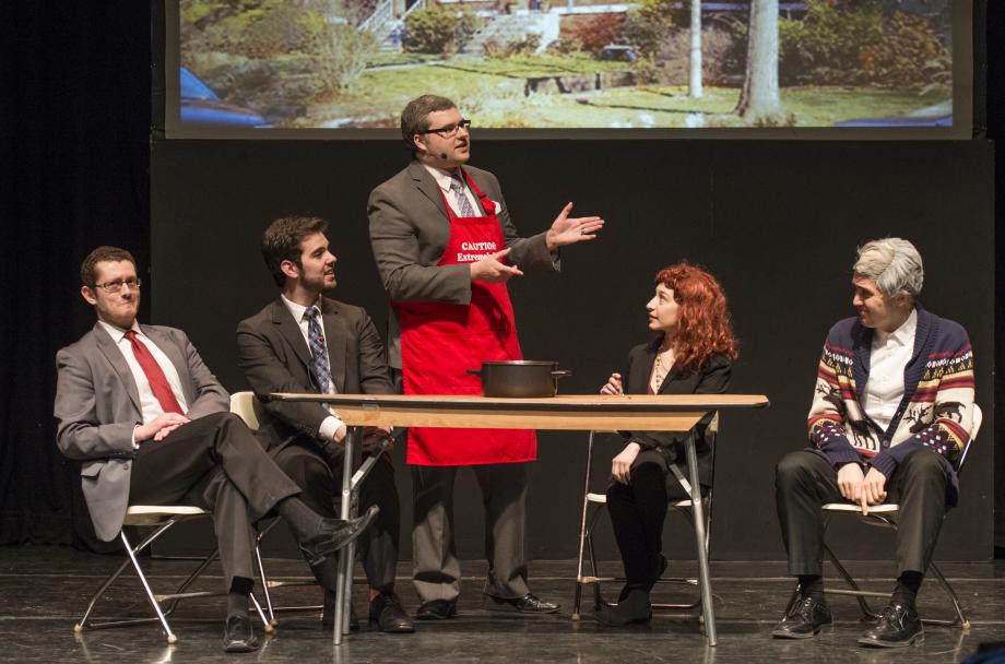 Dallin Jack, '18, as Professor Douglas Baird, hosts a fancy dinner party.