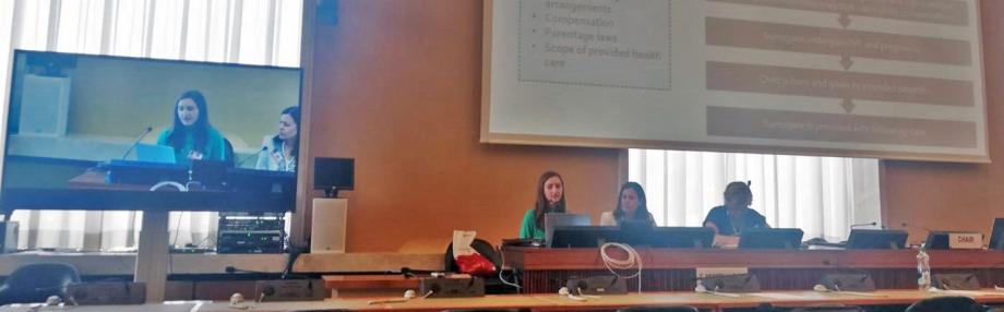 Kelly Geddes, '20, (left) presenting before members of a UN committee. She was joined by Clinical Professor Claudia Flores (center) and Lucinda O’Hanlon , advisor on women’s rights from the UN's Office of the High Commissioner on Human Rights.