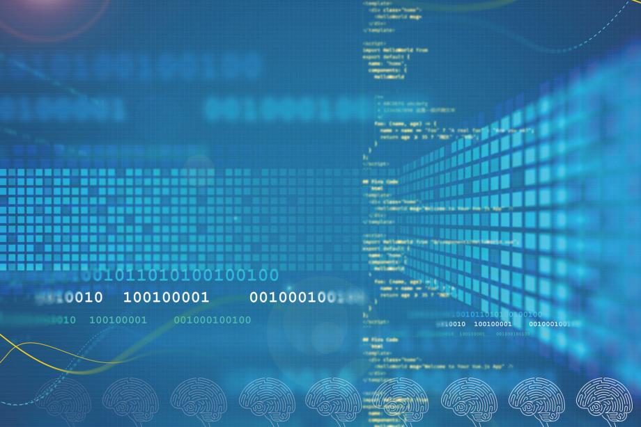 Binary and programming code overlaid with outlines of a brain