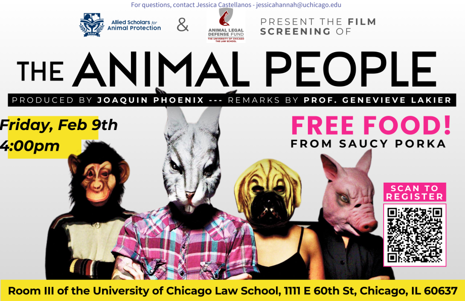 Event poster for the Student Animal Legal Defense Fund's upcoming movie night event, showing "The Animal People"