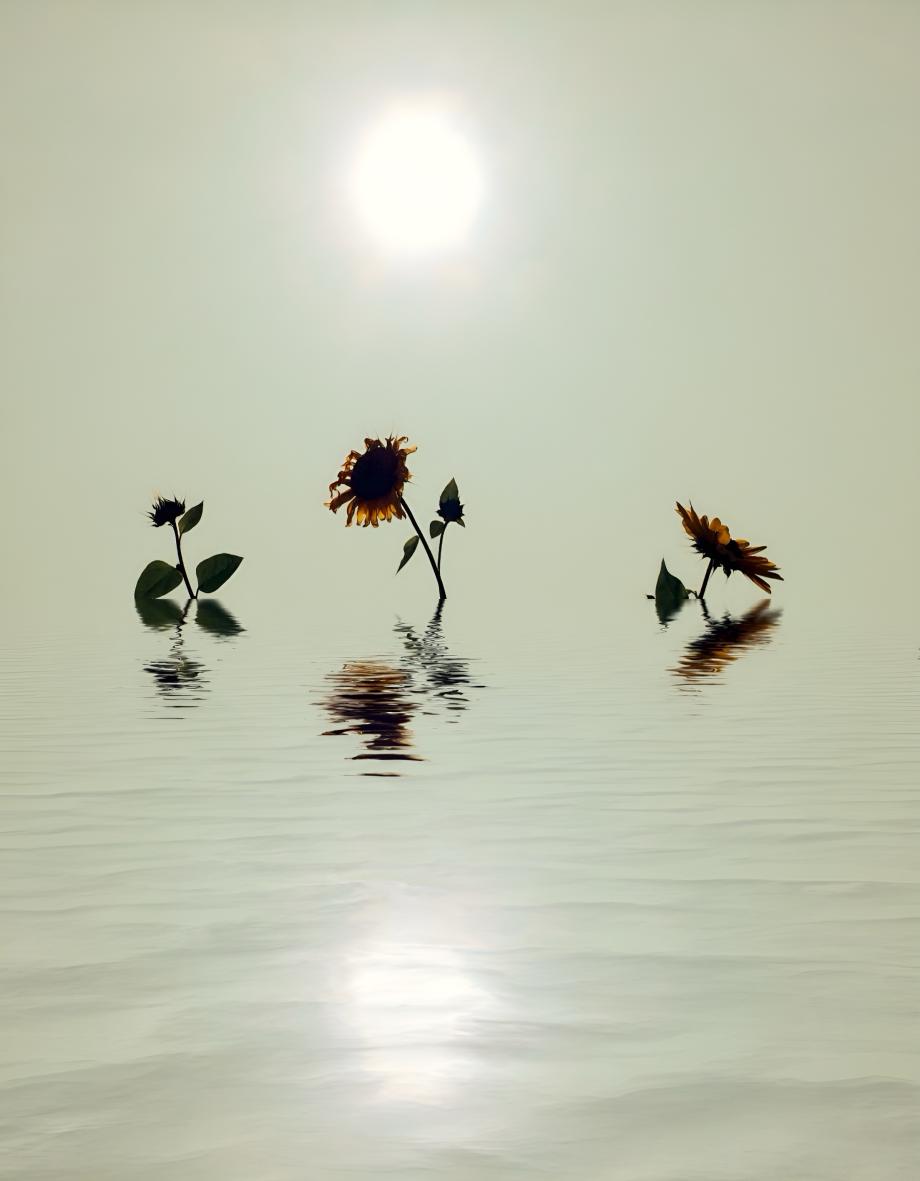 Sunflower emerging from lake under the sun