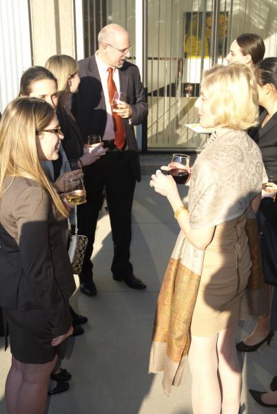 Professors Tom Ginsburg and Martha Nussbaum visit with students.