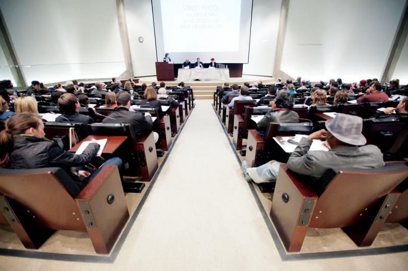 The auditorium was filled with vendors, law students, and "foodies." 