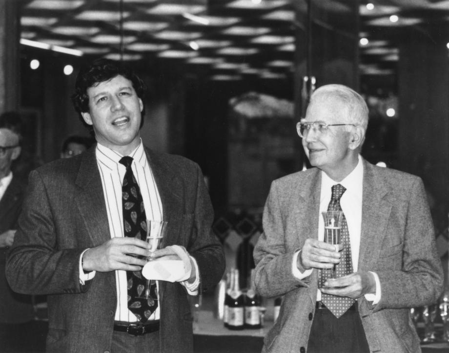 Geoffrey Stone with the late Ronald Coase, Nobel Prize winning law professor, at a Law School event, circa 1990.