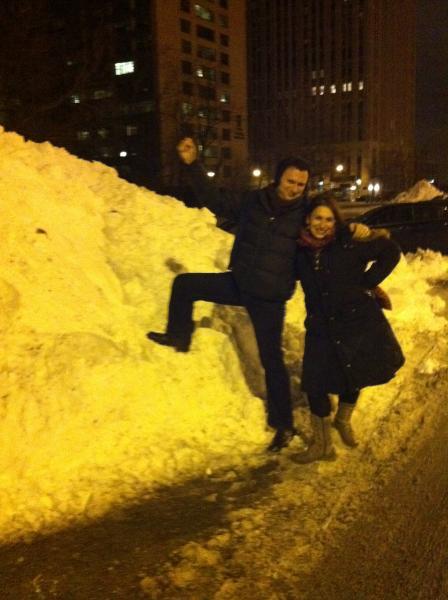 I'm king of the snow! Dalit Kaplan '11 poses with her husband Raf Dascalu, a PhD candidate in the Divinity School. (Photo by Maya Ibars '11)