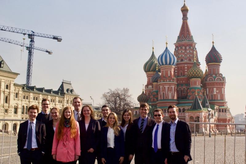 The group posed in front of St. Basil's in Red Square.