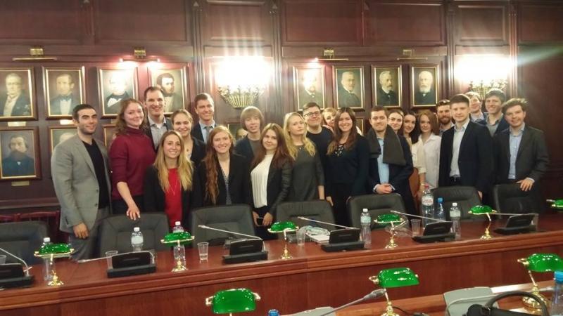 At St. Petersburg State, they talked with two faculty members about many topics, including space law and the relationship between the Russian constitution and the European Court of Human Rights, and had a frank conversation with several law students about American-Russian politics.