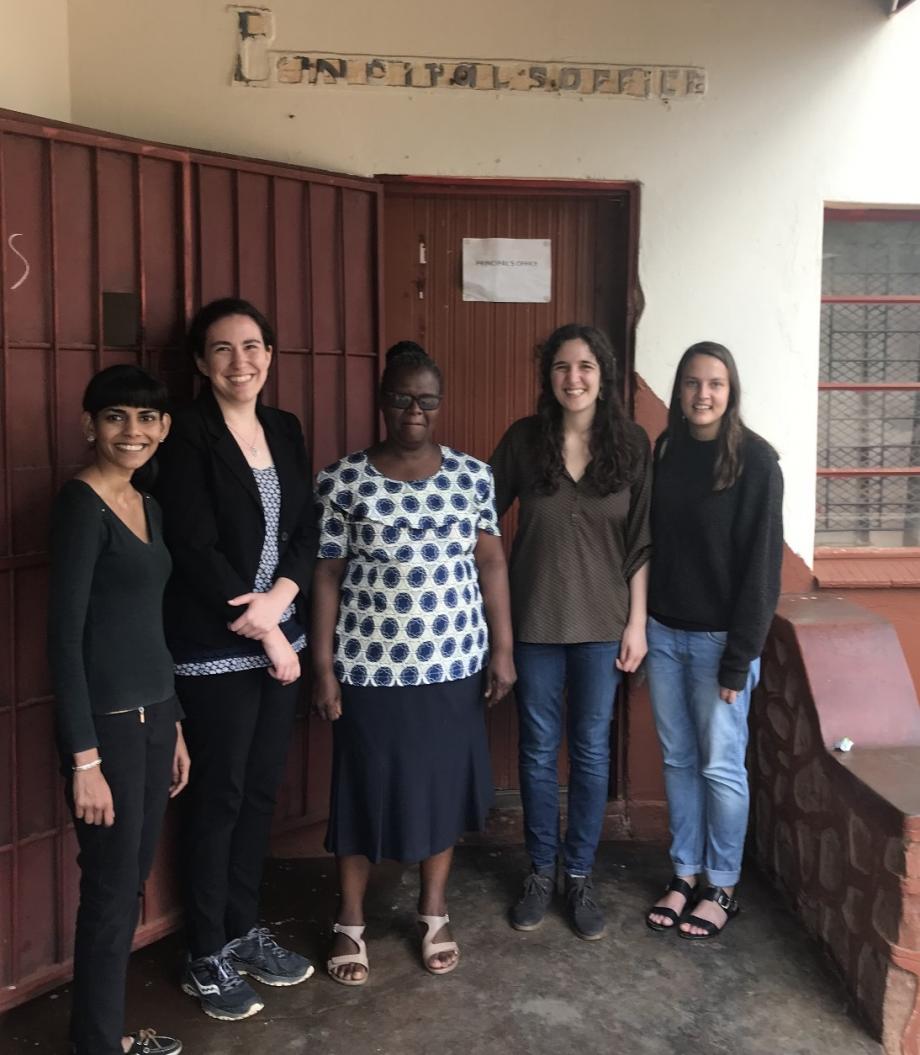 Faith Laken, '20, (second from left) and Clinic Fellow Nino Guruli (second from right) met with Avani Sign, director of Alt Advisory, their partner in South Africa; Mukweuho Muhangwi Sylvia, principal of Humbelani Secondary School; and Brynne Guthrie, a fellow at Alt Advisory.